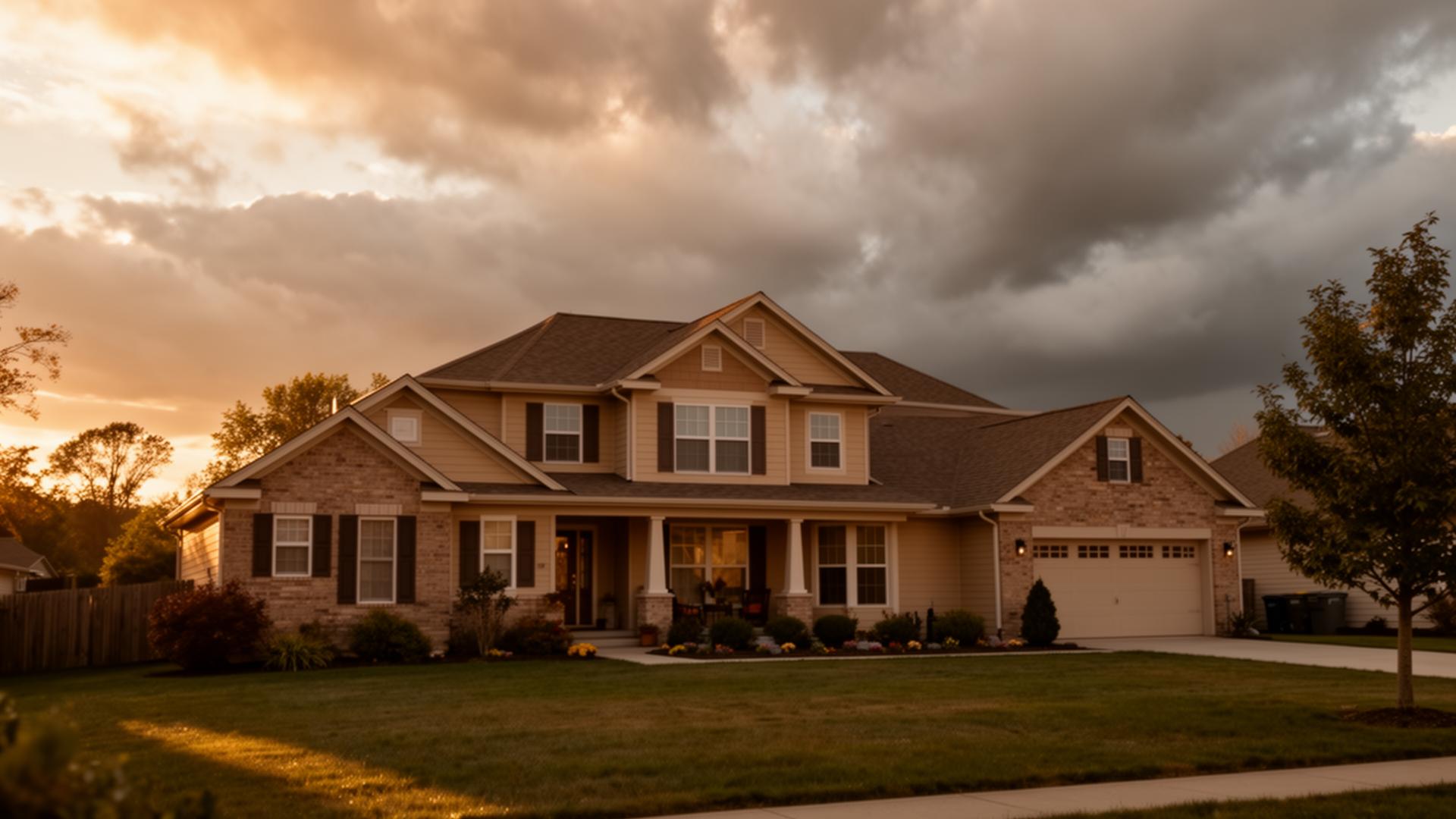 Family home at golden hour with calm overcast clouds gathering above