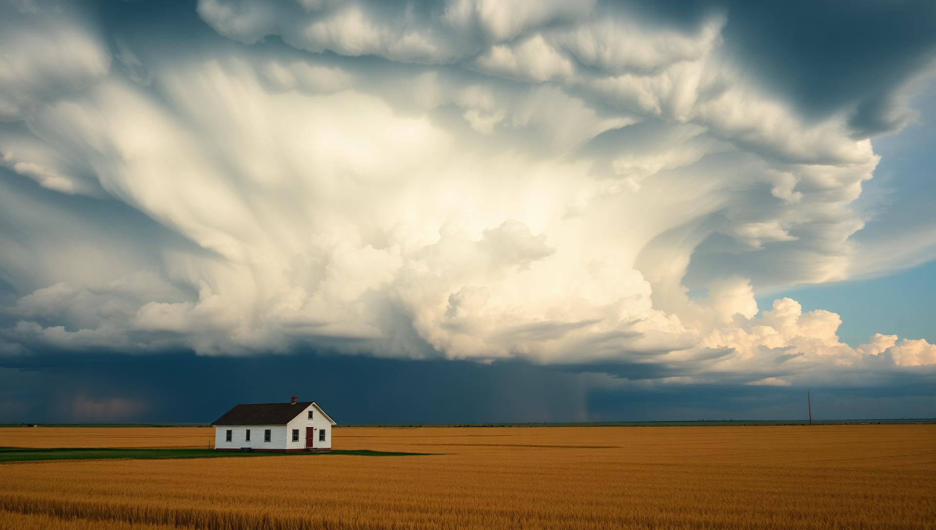 Massive Great Plains supercell wall cloud towering over open Kansas wheat country with an intact farm home in cinematic pre-storm light