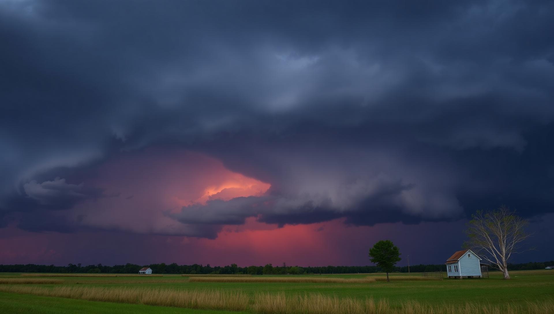 Dark Dixie Alley storm sky over rural Mississippi landscape with an intact home in cinematic pre-storm light
