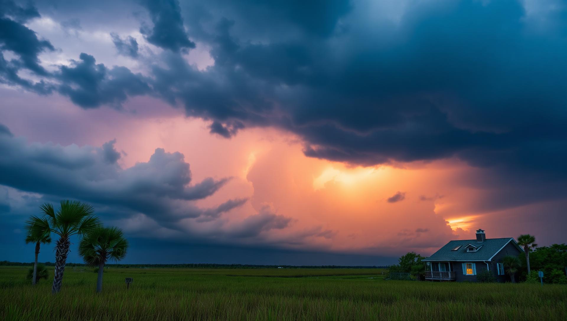 Approaching hurricane storm sky over South Carolina Lowcountry coast with an intact home in cinematic pre-storm light
