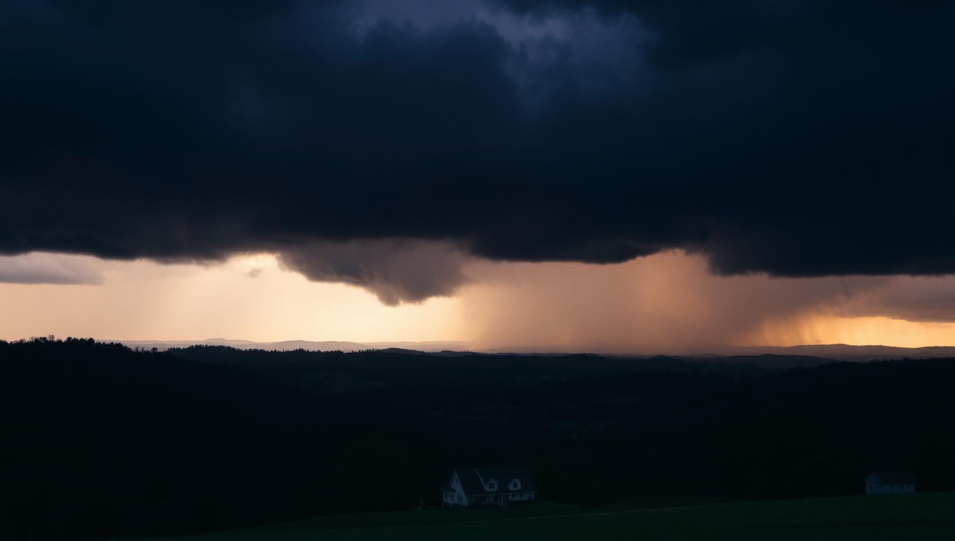 Dramatic dark storm sky over Tennessee hills and valley with an intact home in cinematic pre-storm light