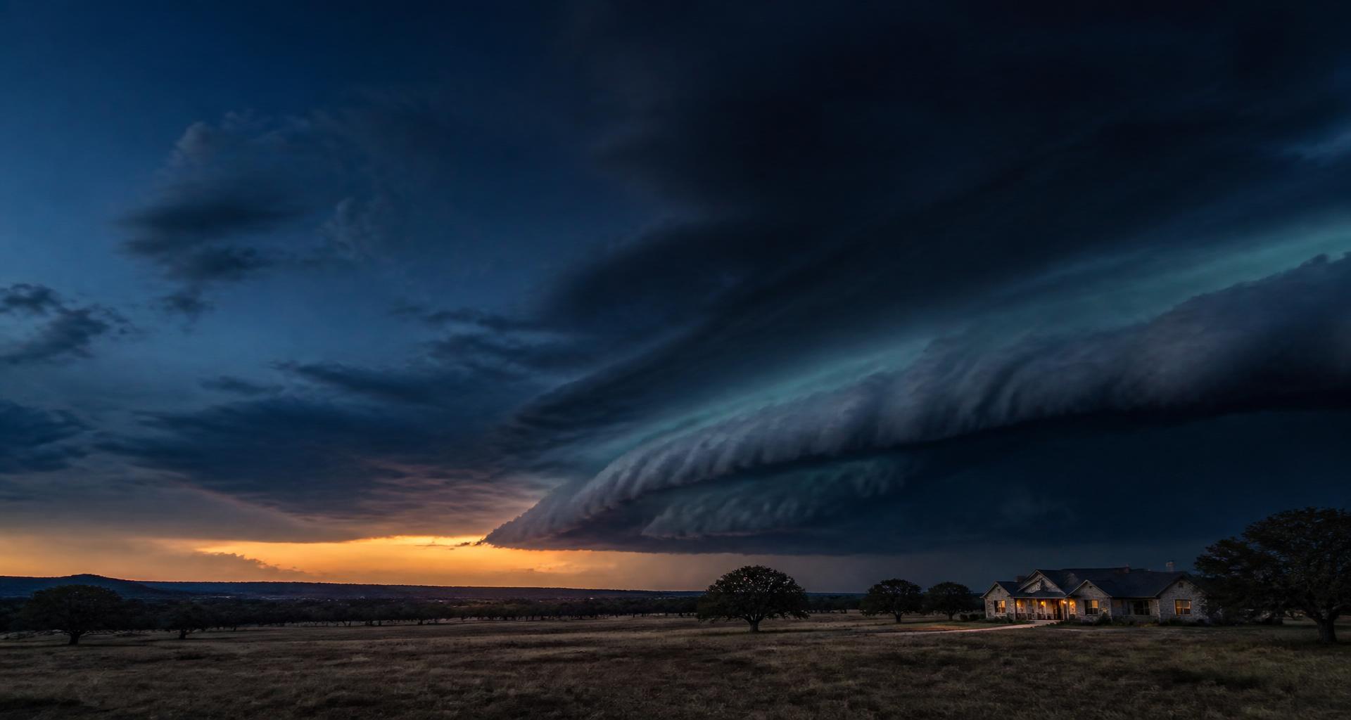 Massive supercell storm over Texas plains with an intact home