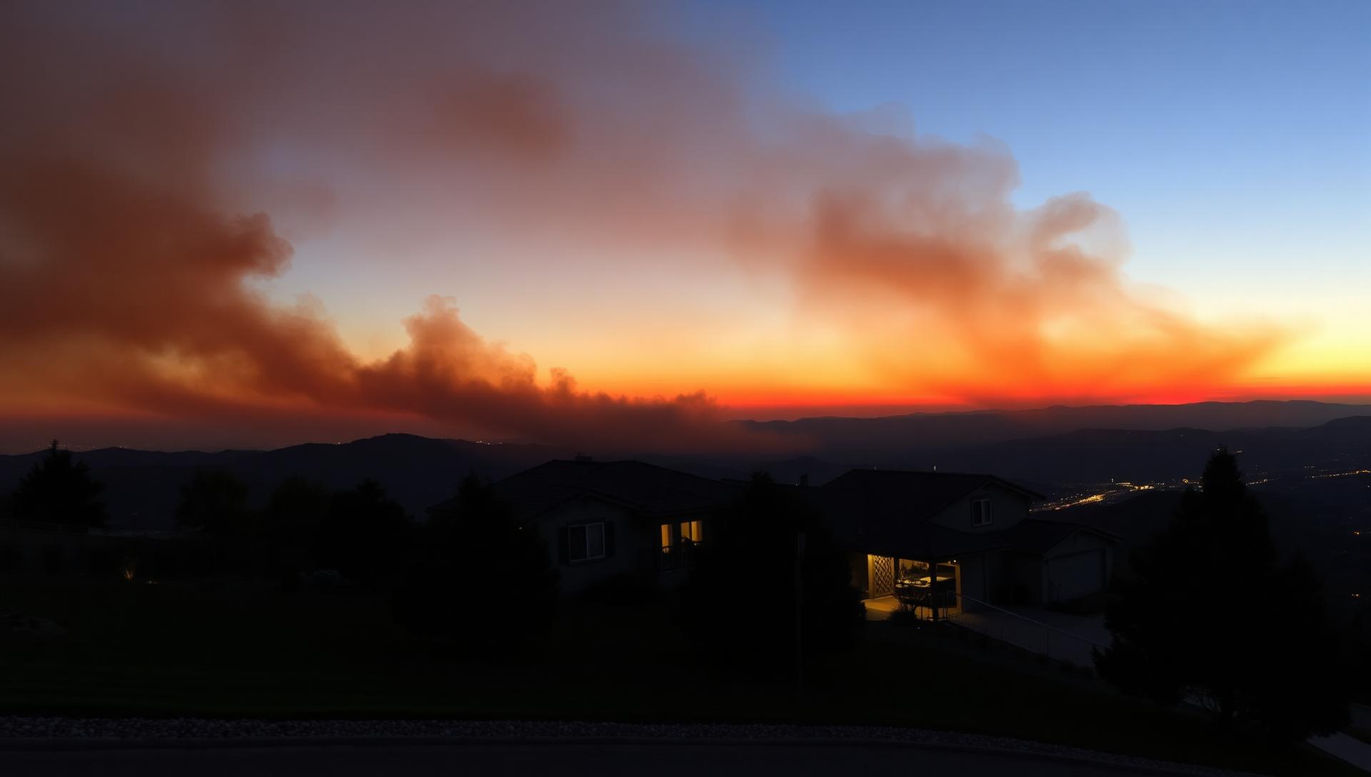 Wildfire smoke sky over a California hillside home with defensible space