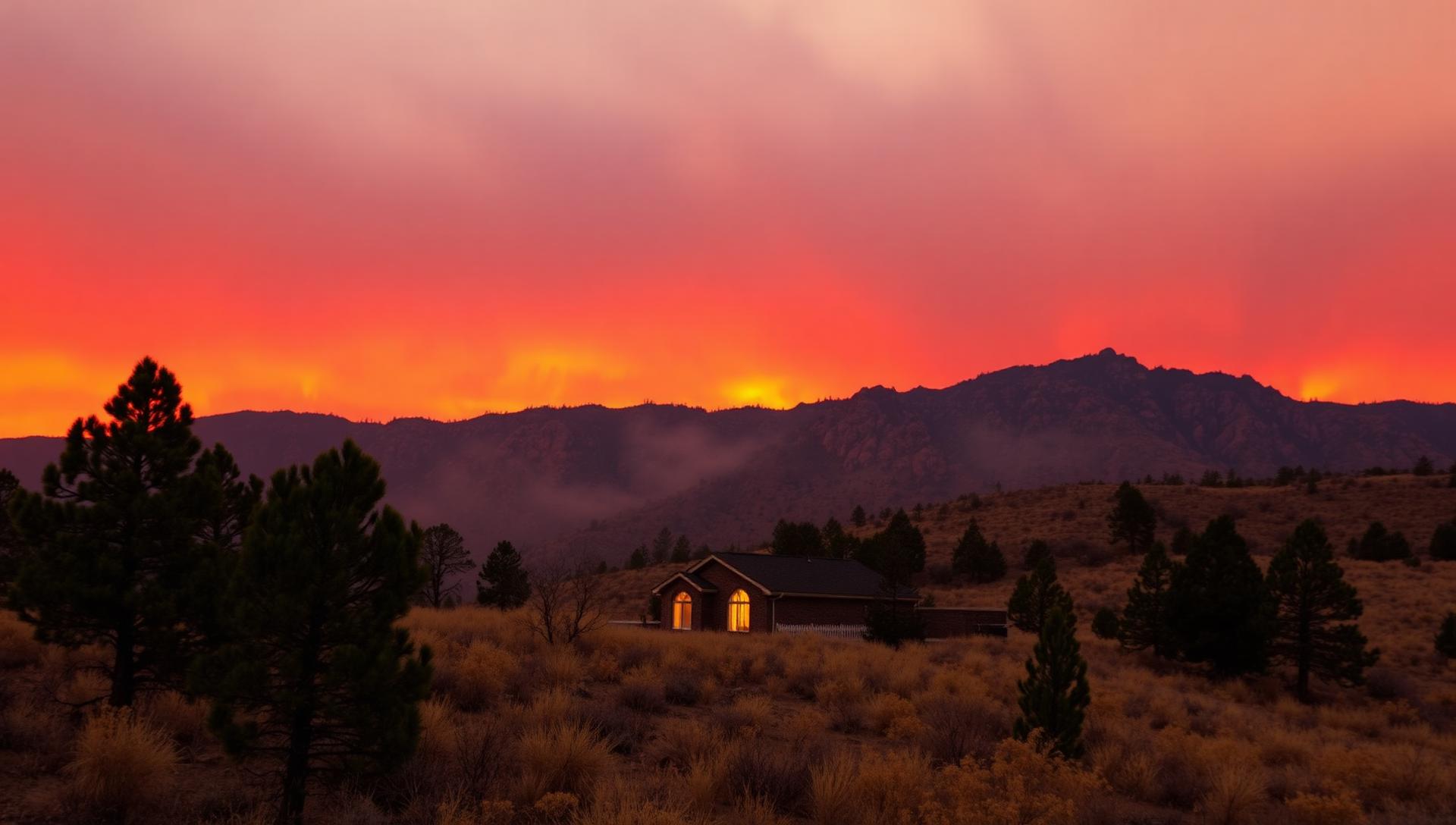 Wildfire smoke sky over a Colorado Front Range foothills home with defensible space