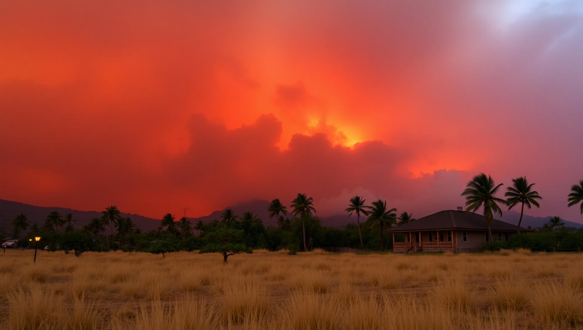 Wildfire smoke sky over a dry leeward Hawaii community with dry grasslands, intact home