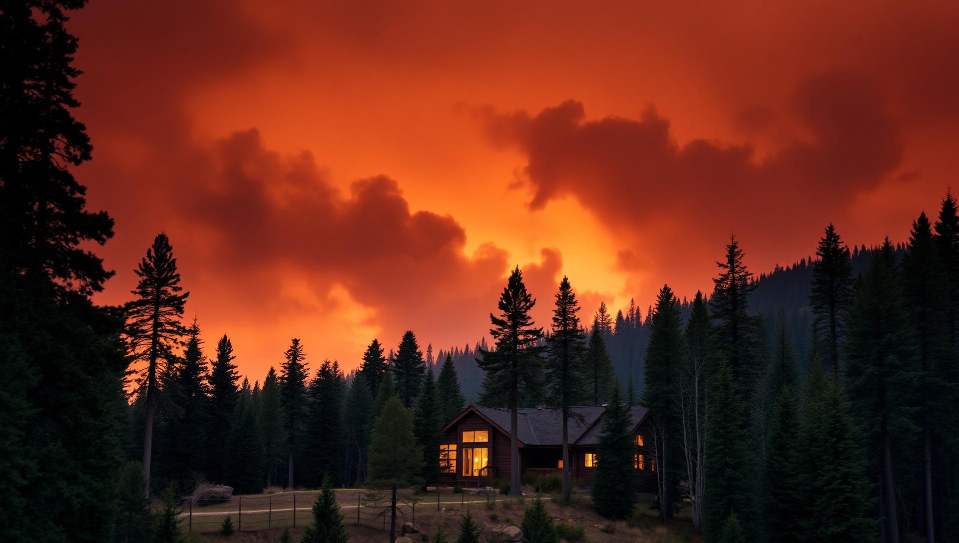 Wildfire smoke sky over a forested Idaho foothills home with defensible space