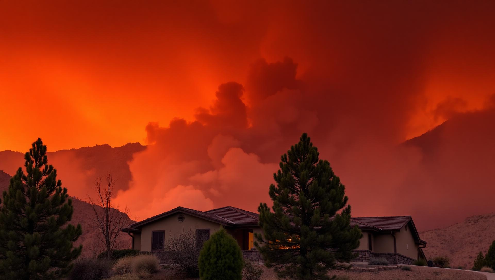 Wildfire smoke sky over a Sierra-front Nevada home with defensible space